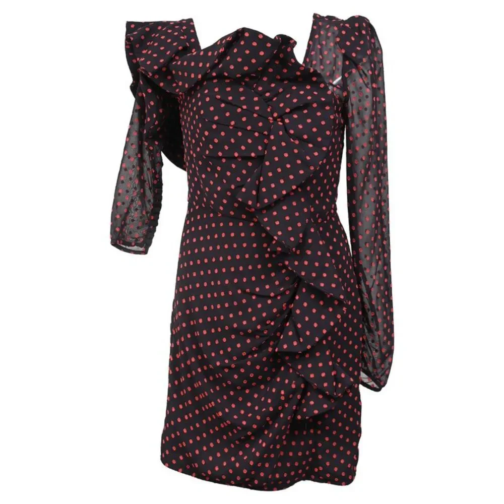 Self-Portrait Plumetis One Shoulder Polka Dot Ruffled Mini Dress in Red